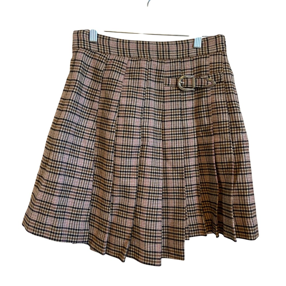 Maje Beige Plaid Pleated Mini Skirt Asymmetrical Buckle Size 38 Medium
